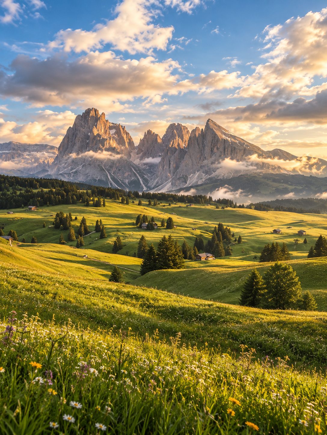 A sunlit alpine meadow below the Dolomites peaks at golden hour